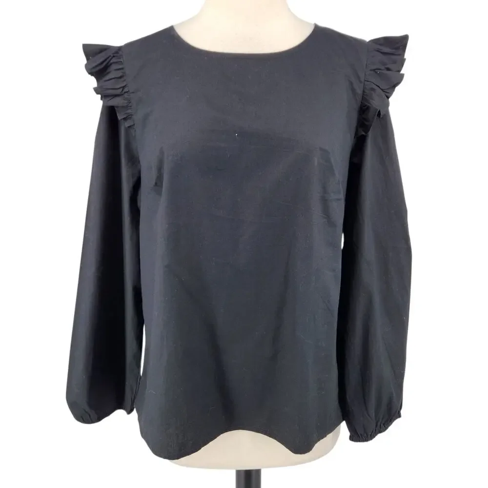 J Crew Ruffle Blouse – Black Long Sleeve Romantic Ruffle Shoulder